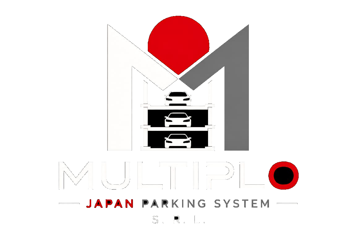 Logotipo de Multiplo Japan Parking Systems en blanco, rojo y gris